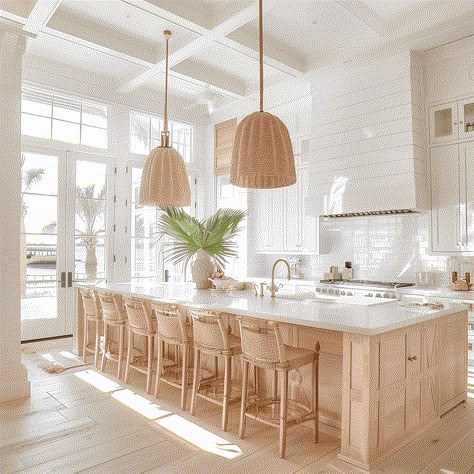 Coastal Modern Kitchen, Beach House White, Coastal Boho Kitchen, Kitchen Beach House, Modern Coastal Kitchen, Style Entryway, Retreat Home, White Oak Kitchen, Coastal Kitchen Design