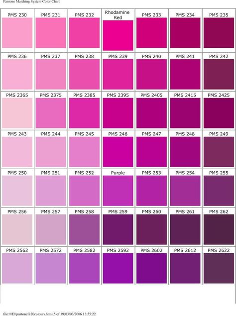 pms-color-chart-5 Pantone Matching System, Pantone Color Chart, Ombre Color, Shades Of Pink, Colour Schemes, Color Pallets, Color Swatches, Pink And Purple, Pantone Color