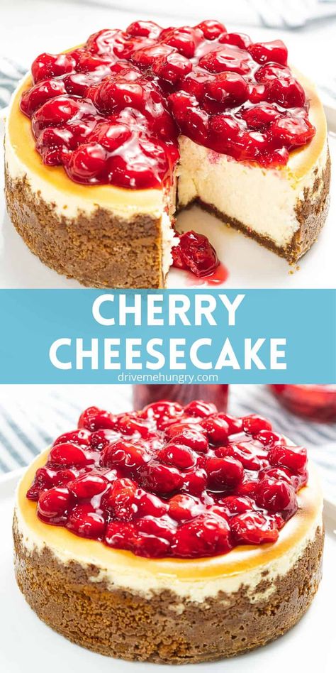 Cherry Cheesecake Homemade, How To Make Cherry Cheesecake, Cherry Topped Cheesecake, Classic Cherry Cheesecake, Cheesecake Cherry Topping, Cherry Cheesecake Birthday Cake, Cherry Cheesecake Baked, Cherry Pie Filling Cheesecake, Cheesecake With Cherry Topping