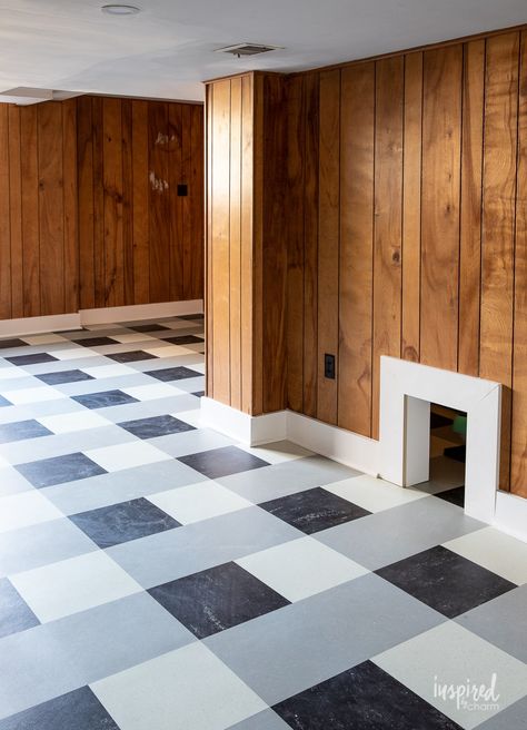 Checkered Basement Floor, Vct Tile Kitchen Floor, Vct Flooring Ideas, Kitchen Linoleum Floors Ideas, Mcm Basement Ideas, 70s Basement Remodel, 60s Flooring, Church Basement Makeover, Tiled Basement Floor