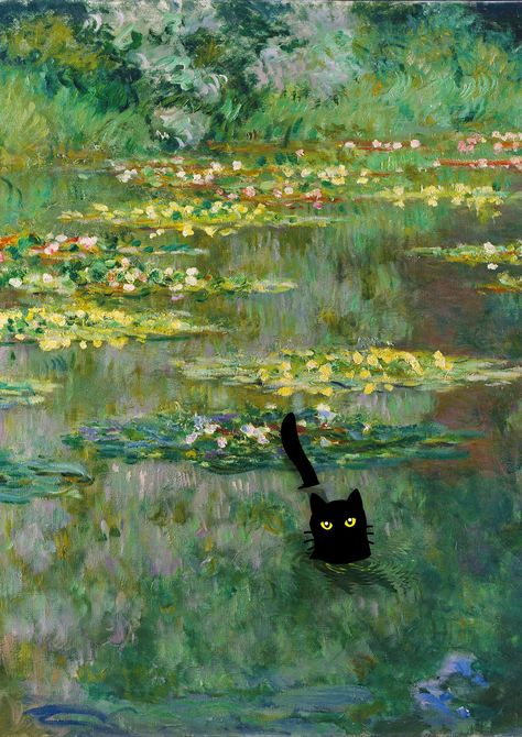 Monet Waterlily Black Cat Print Wall Art Monet, Whimsy Painting, Print Out Wall Art, Walk Print, Monet Prints, Black Cat Poster, Cute Posters, Black Kitties, Friendship Art