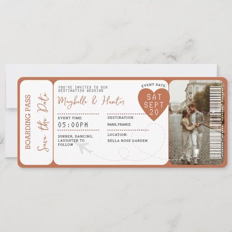 Destination Wedding Boarding Pass Plane Ticket  Invitation Plane Ticket Invitation, Aviation Wedding Theme, Ticket Save The Date, Airplane Ticket, Ticket Wedding Invitations, Unique Save The Dates, Plane Ticket, Modern Save The Dates, Airplane Tickets