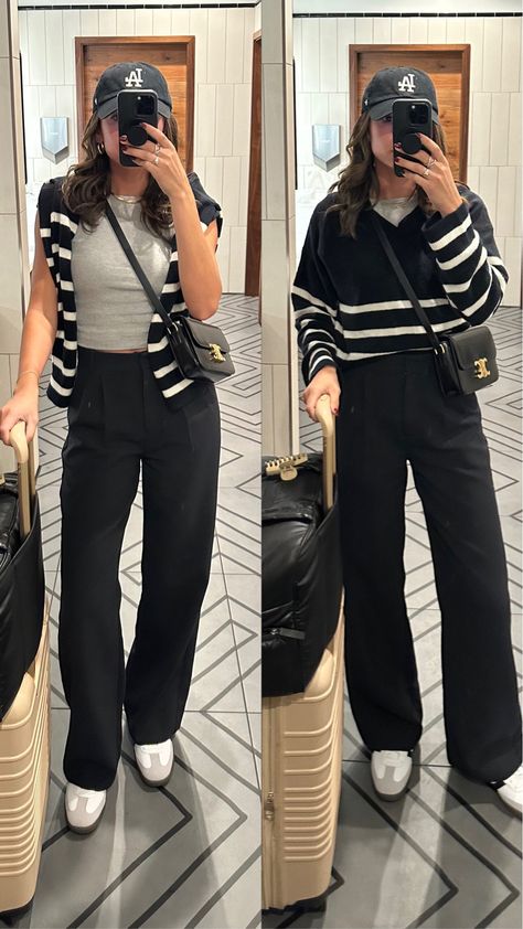 Black Pants Outfit Women Casual, Winter Casual Brunch Outfit, Black Pants Women Outfits, Black Dress Pants Casual Outfit, Airport Outfit Spring 2024, Trousers For Short Women, Trousers Outfit Casual Street Fashion, Orlando Outfits Winter, Casual Pants Outfit For Women