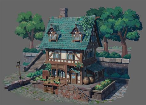 Medieval Mansion Concept Art, Medieval House Exterior, Medieval House Concept Art, Medieval Fantasy House, Stylized Building, Fantasy House Concept, Stylized House, Tiny Glade, Theme Park Planning