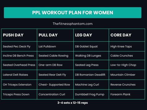 16-Week Push Pull Legs Split for Women to Get Toned w/ PDF Push Pull Legs Women, 16 Week Workout Plan, Push Pull Leg Split Women, Push Pull Workout Routine, Leg Workout Plan, Push Pull Legs Workout, Home Body Weight Workout, Seated Leg Press, Push Day Workout