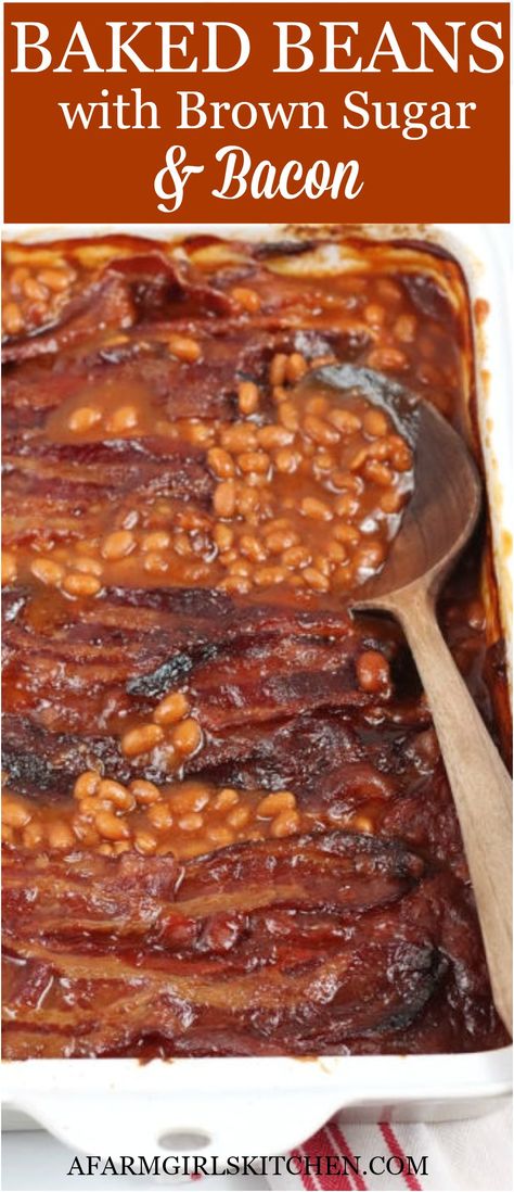 These Easy Baked Beans are perfect flavors of sweet, savory, with a touch of spice. This baked beans recipe is perfect for BBQ’s, picnics, and potlucks. So easy to make these baked beans!  #bakedbeans #beans #easyrecipes #dinner #recipe #bacon #brownsugar Easy Baked Beans Recipe Simple, Savory Baked Beans Recipe, Baked Beans Recipe Oven, Bushes Baked Beans Recipe, Brown Sugar Baked Beans, Smoked Beans, Pork And Beans Recipe, Bake Beans, Southern Baked Beans