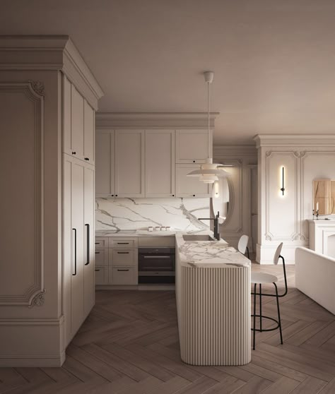 Light & Luxury Interiors With Elegant Neoclassical Style Elegant Apartment Kitchen, New Classic Kitchen Design Luxury, Modern Neoclassical Kitchen, Neo Classical Kitchen Design, Modern Classic Interior Kitchen, Modern Classic Kitchen Design Luxury, New Classic Kitchen Design, Kitchen Neoclassic Interior Design, Classic Interior Design Kitchen