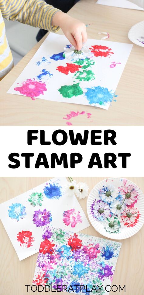 This Flower Stamp Art is the perfect craft idea for withering flower bouquets. Flowers make amazing paintbrushes and create the most beautiful art!  #flowerart  #recycledcrafts  #processart #sensoryplay Flower Art Activities For Toddlers, Painting With Fake Flowers, Flower Art Activities For Preschool, Spring Art Infants, Spring Activities For Infants, Infant Spring Crafts, Spring Activities For Babies, Spring Art For Infants, Flowers Crafts For Toddlers