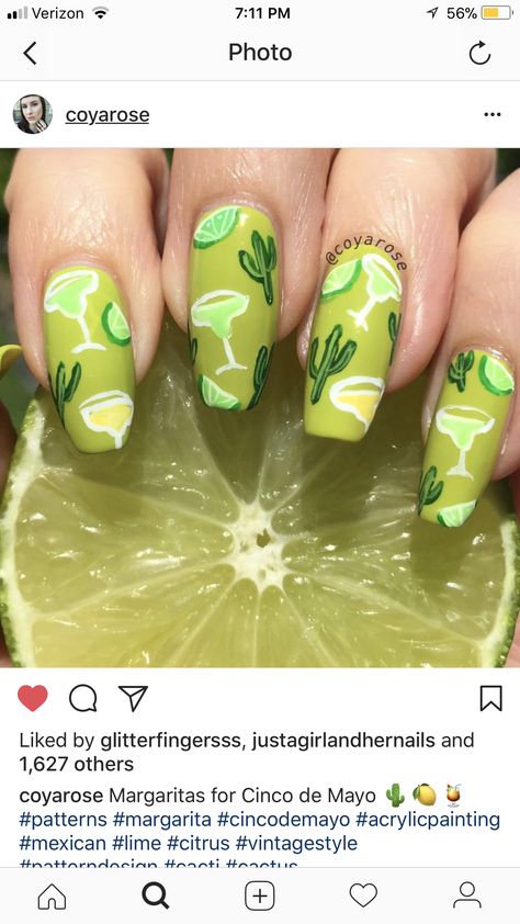 Margarita Glass Nails Design, Bartender Nails Design, Jimmy Buffet Nails, Alcohol Inspired Nails, Agave Nails, Margarita Nail Art, Margaritaville Nails, Margarita Nails Design, Tequila Nails Design