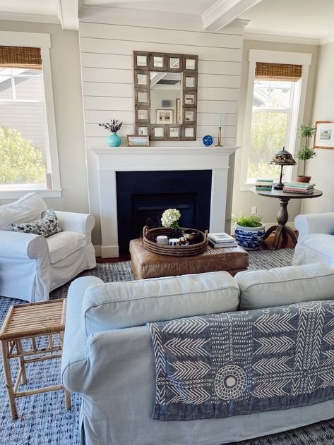 Ektorp Living Room, Pottery Barn Sofa, Rainy Outside, Ikea Ektorp Sofa, White Slipcovers, White Mantel, Blue And White Rug, Ikea Ektorp, Beige Throw Pillows