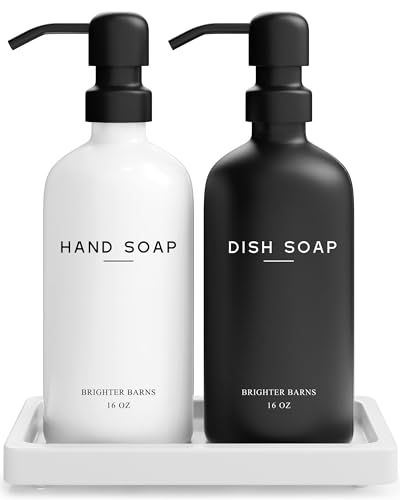 Farmhouse Kitchen Counter Decor, Hand And Dish Soap Dispenser, Matte Black Bathroom Accessories, Soap Dispenser Set, Kitchen Sinks Farmhouse, Black Kitchen Decor, Modern Farmhouse Kitchen Decor, White Bathroom Accessories, Barn Kitchen