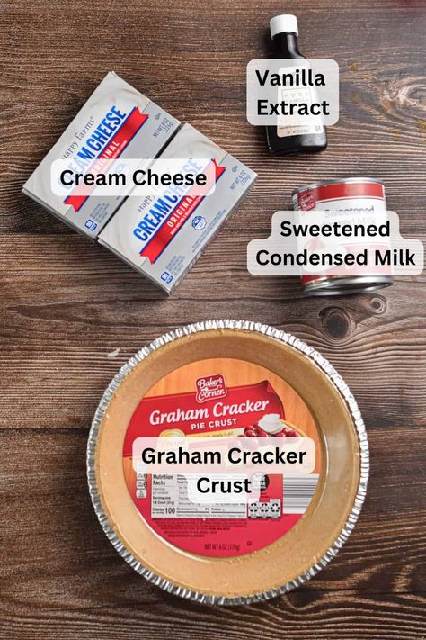 The ingredients for the 3 ingredient no bake cheesecake are labeled. Simple Homemade Cheesecake, Best No Bake Pie Recipes, Mo Bake Cheesecake, 3 Ingredient Cheesecake Condensed Milk, 4 Ingredient No Bake Cheesecake, Icebox Pie 3 Ingredients, Easy Pie Filling 3 Ingredients, Cheesecake With Pudding No Bake, Pie Recipes Easy No Bake