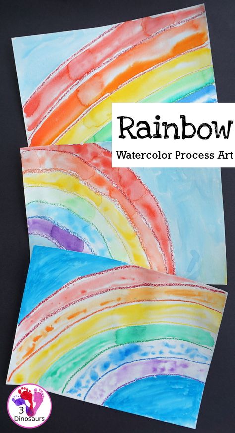 Watercolor Rainbow Process Art - kids can great creative and explore how water spreads things out with this craft for St. Patricks Day or springtime - 3Dinosaurs.com #watercolor #artforkids #3dinosaurs #spring #stpatricksday #rainbows Rainbow Art Activities Preschool, Watercolor For Preschoolers, Spring Art Watercolor, Spring Process Art Preschool, Rainbow Art Kindergarten, Rainbow Art Projects For Kids, Preschool Rainbow Crafts, Kindergarten Rainbow Art, Rainbow Directed Drawing