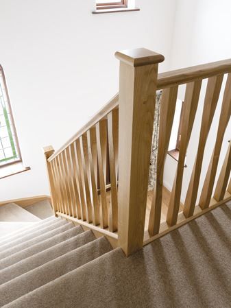 Elegant Staircase Balcony with Wooden Bannister Rails - Neville Johnson Staircase Spindles, Oak Spindles, Stair Spindles, Stair Banister, Stair Balusters, Timber Staircase, Handrail Design, Traditional Staircase, Stairs Design Interior