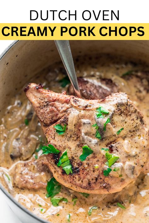 These Dutch Oven Pork Chops aren't fussy, and they're the perfect weeknight meal! If you like quick, easy, creamy, and delicious, this will be your new go-to recipe! #dutchovenrecipes #dutchovenpork #dutchovenbudgetrecipes #dutchovenporkchops #dutchovenporkchopscreamy Smothered Pork Chops Dutch Oven, Pork Chop Recipes In Dutch Oven, Dutch Oven Boneless Pork Chops, Pork Chops Dutch Oven Recipes, Pork Chops In A Dutch Oven, Dutch Oven Pork Chops And Potatoes, Dutch Oven Pork Chops Recipes, Pork Chops Dutch Oven, Oven Smothered Pork Chops