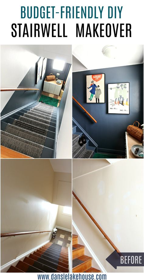 Looking for painted stairs ideas? Take a Look at This Bold and Budget-Friendly DIY Stairwell Makeover. Click through for the stairwell makeover before and after with dark painted stairs. I love the unique painted stairs with runner! The dark grey stairs look modern with the same color painted on the walls! A very creative painted stairs idea. #paintedstairs #diystairs Stairwell Paint Colors, Painted Stairs With Runner, Stairs With Runner, Stairwell Makeover, Grey Stairs, Painted Stairs Ideas, Basement Stairwell, Stairwell Ideas, Stairwell Wall