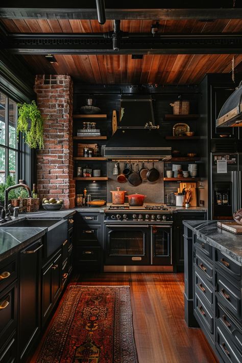 30+ Moody Farmhouse Kitchen Ideas for a Timeless Cooking Space - HomeFunky Dark Academia Kitchen, Moody Farmhouse, Island Kitchens, Black Kitchen Design, Moody Kitchen, Your Space, Dining Room Victorian, Gothic Kitchen, Kitchens Ideas