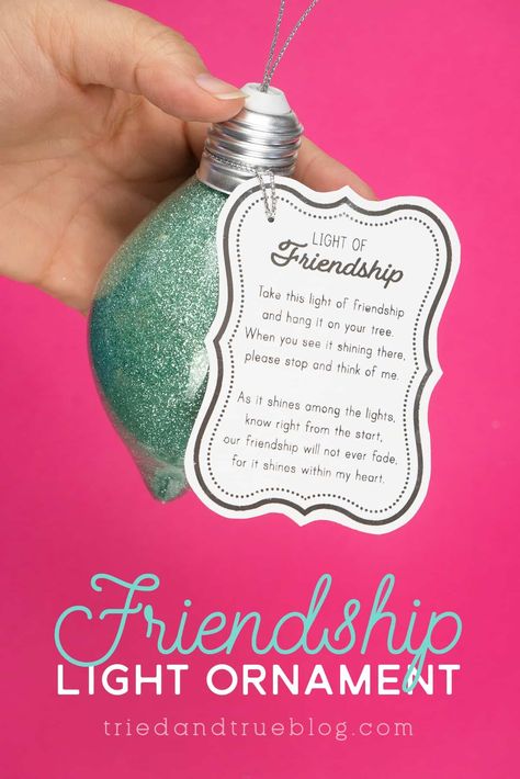 Follow these easy instructions to make this adorable Friendship Light Ornament! Two different types of ornaments and labels included. Friendship Bulb Ornaments Diy, Light Up Christmas Ornaments Diy, Diy Friendship Ornaments, Friendship Christmas Ornaments Diy, Christmas Light Ornaments Diy Kids, Light Of Friendship Ornament Diy, Cute Crafts To Make For Friends, Group Ornament Ideas, Diy Best Friend Ornaments