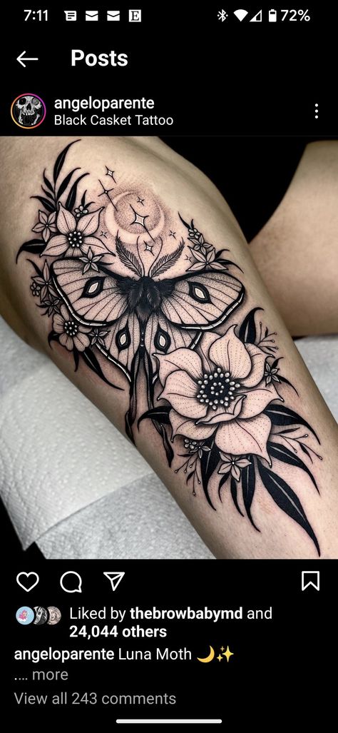 Bmth Tattoo, Best Feminine Tattoos, Luna Moth Tattoo, Moth Tattoo Design, Shin Tattoo, Skull Girl Tattoo, Floral Thigh Tattoos, Wicked Tattoos, Scary Tattoos