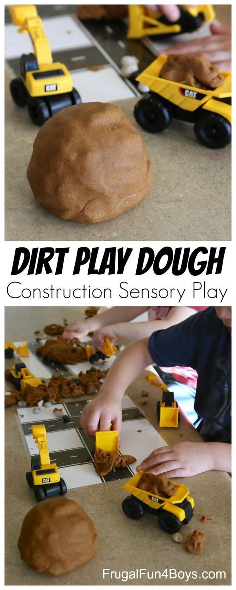 This dirt play dough recipe is perfect for construction themed sensory play!  My preschoolers have been loving it.  Make some simple laminated play dough mats with roads and kids will have a blast bulldozing the roads and pretending to build! Give your play dough real grit by adding clean play sand.  I didn’t want to … Preschool Construction, Play Dough Recipe, Play Dough Mats, Dough Mats, Transportation Preschool, Construction Activities, Transportation Theme, Playdough Recipe, Creative Curriculum