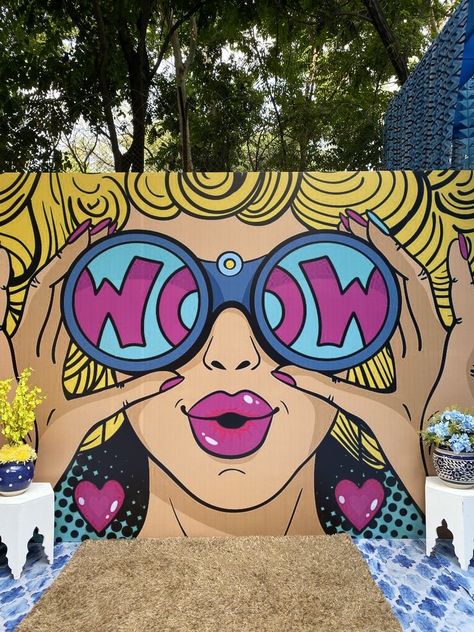 Pool Party Selfie Booth, Pop Art Haldi Decor, Pop Art Mehendi Decor, Pop Art Wedding Decor, Coachella Backdrop, Haldi Selfie Booth, Selfie Point Ideas For Restaurant, Carnival Photobooth, Creative Photo Booth Ideas Events