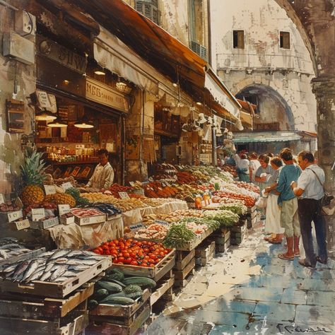 Bustling Market Scene: Shoppers browse through a colorful array of fresh produce at a lively street market scene. #market #street #produce #fresh #fruits #vegetables #colorful #shopping #aiart #aiphoto #stockcake https://ayr.app/l/gcEM Fantasy Street Market, Italian Street Market, Market Place Aesthetic, Market Fantasy Art, Japanese Street Market, Street Environment, Character Environment, Art Igcse, Market Aesthetic