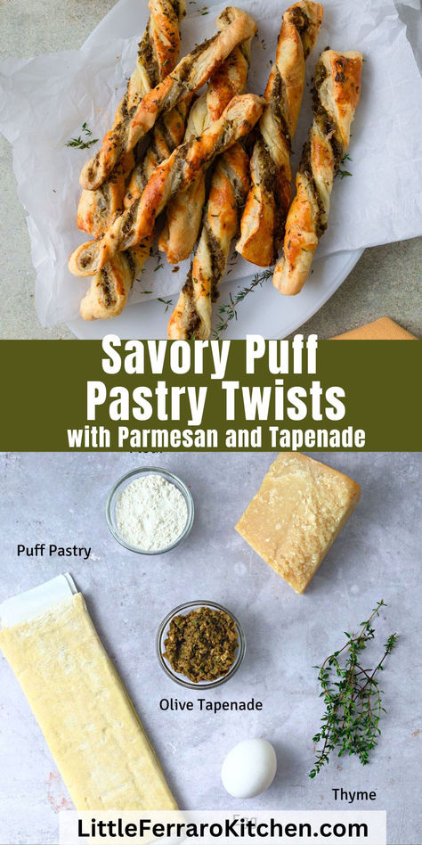 These savory puff pastry cheese straws are the perfect quick appetizer that's always a crowd pleaser! The savory cheese twists are layered with briny olive tapenade and grated Parmesan cheese and baked until crisp and perfectly golden brown. Feta Puff Pastry Appetizers, Puff Pastry Twists Savory, Puff Pastry Garlic Twists, Creamy Potato Leek Soup, Puff Pastry Twists, Puff Pastry Recipes Savory, Savory Puff Pastry, Cheese Twists, Puff Pastry Appetizers