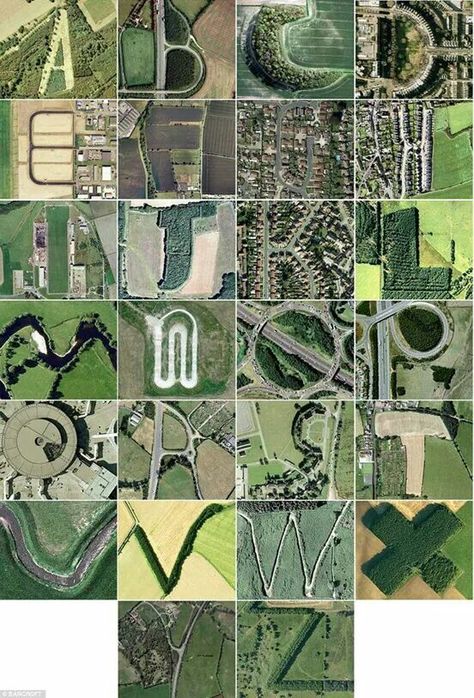 Uk Landscapes, Design Alphabet, Alphabet Photography, Alphabet Photos, Aerial Photograph, Alphabet Art, Alphabet Design, Google Earth, Group Photo