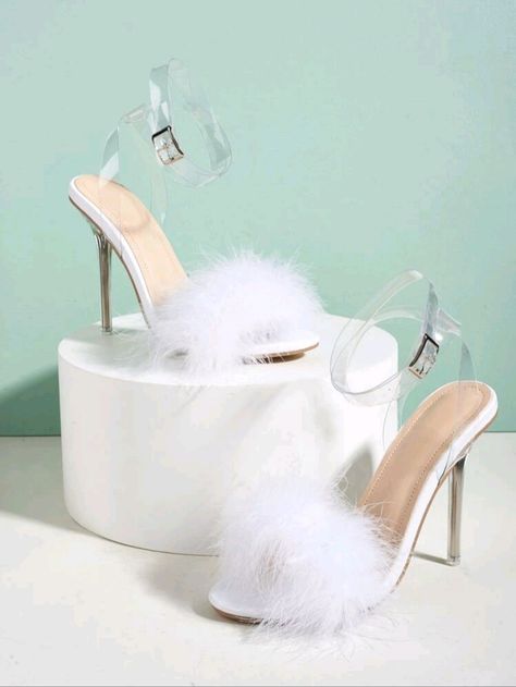 Summer Strappy Sandals, Faux Fur Decor, Fluffy Heels, Sandals Shein, Faux Fur Heels, Fuzzy Heels, Fur Decor, Fur Heels, Stylish Heels