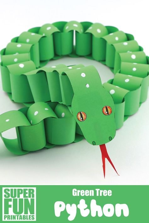 Make a paper chain snake that looks like a Green Tree python using our printable template. This is a simple paper craft idea with a realistic twist! There is also a Jungle Carpet python and a design-your-own paper snake template to make #snake #papersnake #snakecraft #paperchain #paperchainsnake #python #greentreepython #animalcrafts #kidsactivities #printables #superfunprintables #thecrafttrain Paper Snake, Rainforest Crafts, Snake Craft, Jungle Crafts, Kartu Ulang Tahun Diy, Snake Crafts, Jungle Theme Classroom, Reptile Party, Construction Paper Crafts