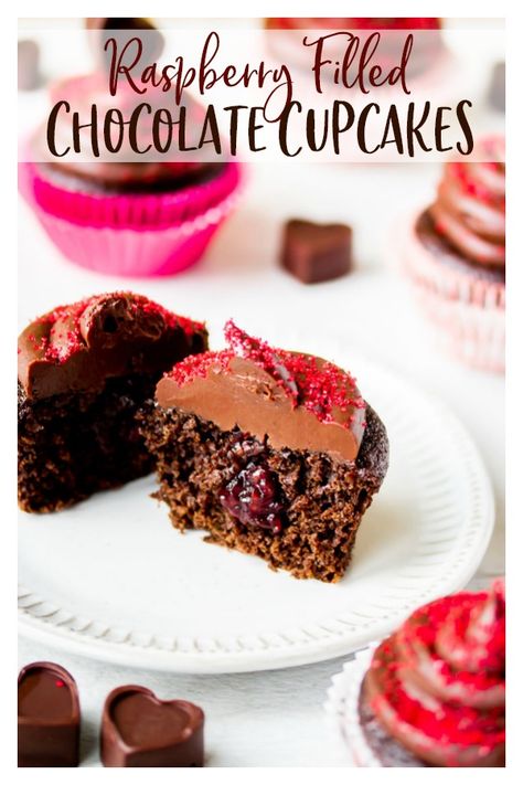 Raspberry Filled Chocolate Cupcakes - Rich, moist chocolate cupcakes are filled with delicious raspberry jam and topped with an easy-to-make chocolate ganache frosting. These Chocolate Raspberry Cupcakes are the perfect dessert recipe for all occasions, especially Valentine's Day. | #cupcakes #valentinesday #raspberry #desserts #chocolate Raspberry Jam Filled Cupcakes, Raspberry Desserts Chocolate, Chocolate Raspberry Filled Cupcakes, Jam Filled Cupcakes, Raspberry Filled Cupcakes, Filled Chocolate Cupcakes, Raspberry Cupcake Recipes, Moist Chocolate Cupcakes, Chocolate Raspberry Cupcakes