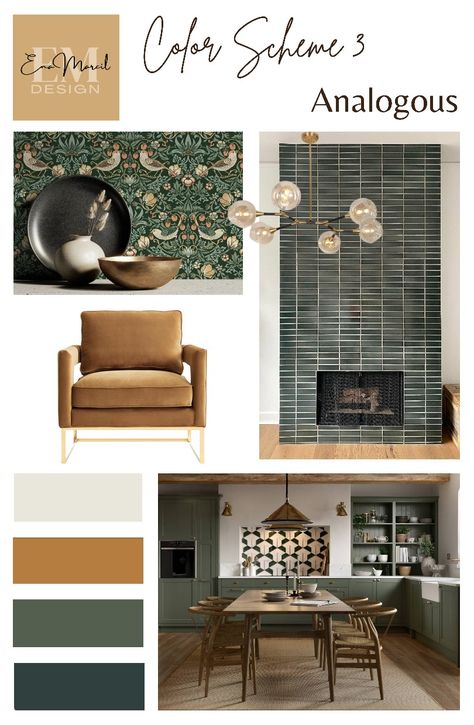 Analogous Colour Scheme Interior Design, Analogous Color Scheme Interior Design, Mcm Mood Board, Mood Board Interior Colour Palettes, Analogous Interior Design, Analogous Color Scheme Interior, Living Room Mood Board Colour Schemes, Analogous Design, Eclectic Color Palette