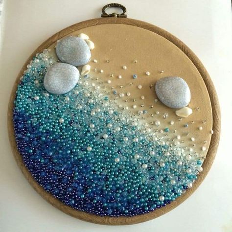 Embroidery Gcse Art, Textile Themes Ideas, Painting On Embroidery Hoop, Embroidery Ocean Theme, Sea Theme Embroidery, Ocean Themed Textiles, Sea Inspired Embroidery, Embroidery With Shells, Embroidery Hoop Painting