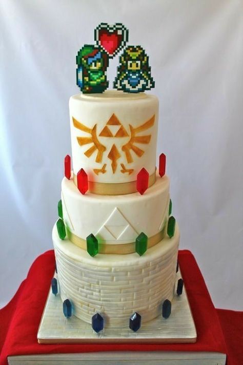 Zelda Wedding Cake, Game Themed Wedding, Zelda Cake, Video Game Wedding, Zelda Wedding, Halloween Wedding Cakes, Video Game Cakes, Gamer Wedding, Nerd Wedding