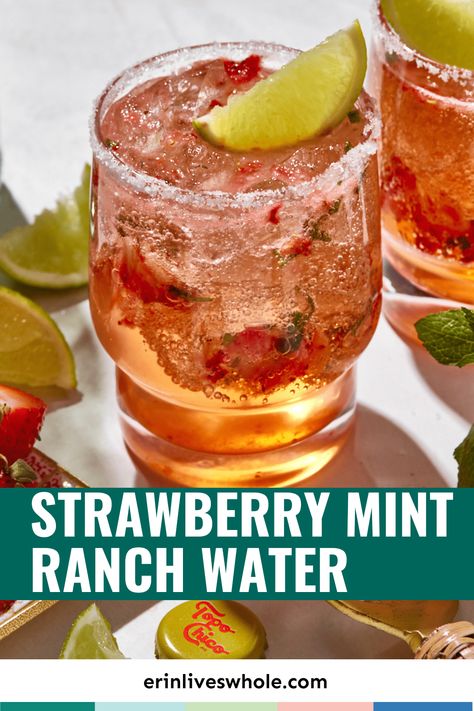 Are you looking for a light, refreshing cocktail to enjoy poolside? You HAVE to make this ranch water recipe. This delicious drink is made with tequila, Topo Chico sparkling mineral water, fresh strawberries and mint, and lime juice. With its bright flavors and beautiful presentation, it's sure to be a hit at any summer gathering! So if you're ready to make some ranch water of your own, follow this simple recipe and get ready to sip in style. Ranch Water Recipe, Ranch Water, Sparkling Mineral Water, Citrus Cocktails, Homemade Cocktails, Strawberry Lime, Drink Recipes Nonalcoholic, Refreshing Cocktail, Peach Salad