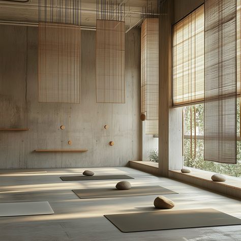 “Japandi style isn’t just seen, it’s felt; it promotes an interior calm as much as it does interior beauty.” A serene, minimalistic yoga studio that embodies the essence of Japandi design, blending Japanese and Scandinavian aesthetics. The space is characterised by its use of natural materials, particularly light wood and bamboo, creating a calming atmosphere with an earthy, neutral colour palette. The design emphasises simplicity, with hanging screens and panels that divide the room subtly,... Japanese Spa Interior Design, Japanese Yoga Room, Japanese Yoga Studio, Japandi Yoga Studio, Japanese Screen Divider, Yoga Studio Lighting, Yoga Center Design, Yoga Studio Aesthetic, Japandi Ideas