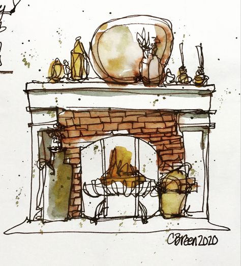 Watercolor Fireplace, Cozy Sketch, Fireplace Sketch, Fireplace Watercolor, Mom Sketch, Illustrated Type, Artist Techniques, Fireplace Drawing, Cat Drawing Tutorial