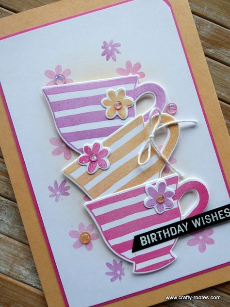 Pastel Stripy Teacups card - Crafty-rootes Teacup Cards, Bd Card, Tea Boutique, Tea Cup Card, Coffee Stamps, Inspiration Videos, Pastel Birthday, Hand Stamped Cards, Coffee Cards