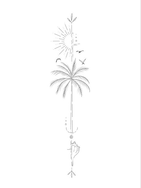 Spine Beach Tattoos For Women, Dainty Hawaii Tattoo, Tattoo Ideas Female Hawaiian Flower, Palm Tree Arrow Tattoo, Hawaii Tattoos For Couples, Tattoo On Back Of Leg For Women, Beach Idea Tattoos, Back Ocean Tattoo, Vertical Beach Tattoo