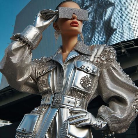 Fashion disrupts somewhere out of space, where models dressed in pure silver, strutting through a sci-fi futuristic planet. We're blending haute couture with @openai to create a fashion experience like no other. Join us on this journey into the future of style. #FutureFashion #SciFi #FashionDisrupt #Jopiter #JopiterStudios #DigitalFashion Sci Fi Couture, Futuristic Fashion Women, Scifi Outfit, Futuristic Jacket, Sci Fi Outfits, Futuristic Party, Sci Fi Outfit, Futuristic Costume, Alien Superstar