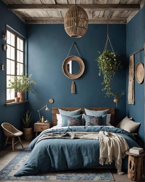 Blue And Earth Tones Bedroom, Boho Blue Bedroom Ideas, Boho Ocean Decor, Ocean Blue Bedroom Ideas, Blue Green Brown Bedroom, Cosy Blue Bedroom, Blue Earthy Bedroom, Tropic Bedroom, Blue Rustic Bedroom