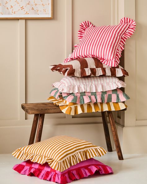 We adore the playful vibe that our Amuse La Bouche cushion collection brings to any space! Here, we've styled these lovely stripy, fun, and frilly cushions in various rooms and on different furniture to showcase their versatility. These gorgeous cushions are perfect for adding a touch of whimsy to any room 💛❤ #interiorinspiration #guesthouse #colourful #interiör #livingroomideas #Furniture #vibrant #trendy #livingroom #loveseat #snugglebuddies #love #style #interiordecor #sofa #colourpop #s... Different Furniture, Cushion Collection, Sofa Inspiration, Love Style, Room Ideas Bedroom, Style Summer, Home Gadgets, Interior Inspo, Fun Decor