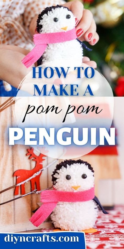 Christmas Yarn Crafts, Christmas Pom Pom Crafts, Pom Pom Animals, Yarn Crafts For Kids, Fun Winter Crafts, Christmas Pom Pom, Penguin Crafts, Penguin Decor, Penguin Craft