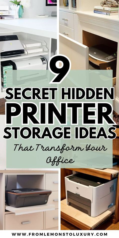 9+ Secret Hidden Printer Storage Ideas That Transform Your Office - From Lemons To Luxury Small Space Printer Storage, Printer Station Small Spaces, Small Office Printer Storage, Cabinet To Hide Printer, Home Office Hidden Printer, Home Office With Printer Storage, Tiny Office Room Ideas, Under Desk Printer Storage Ideas, Office Drawer Ideas