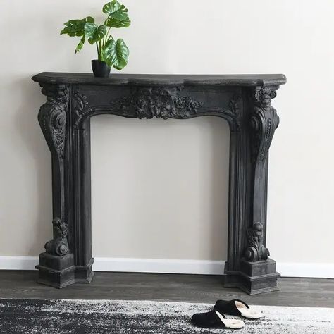 Ornate Decorative Fireplace Mantel - Bed Bath & Beyond - 35090092 Black Faux Fireplace Mantel, Portrait Over Fireplace, 1900s Fireplace, Antique Mantle Fireplace, Fireplace Mantel Black, False Fireplace, Carved Mantle, Gothic Farmhouse Decor, Victorian Fireplace Mantels