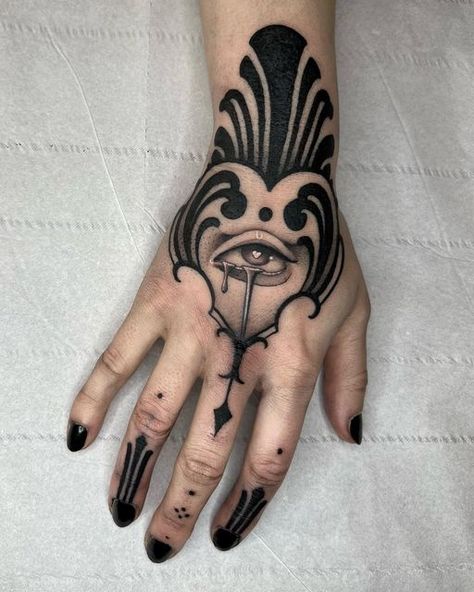 Neo Ornamental Tattoo, Black Out Finger Tattoo, Big Knee Tattoo, Hand Ornamental Tattoo, Neo Traditional Hand Tattoo, Blackwork Hand Tattoo, Black Ornamental Tattoo, Black Hand Tattoo, Ornamental Hand Tattoo