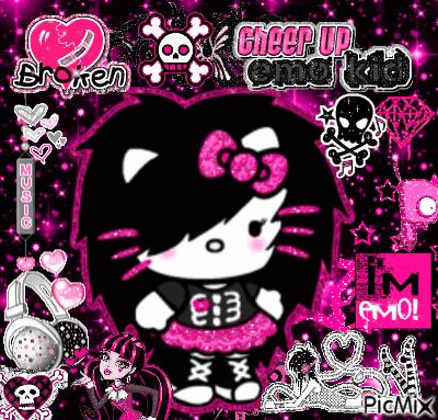 emo hello kitty (drawing by me) Black Emo Drawing, Scene Hello Kitty Pfp, Pink Scene Pfp, Emo Hello Kitty Wallpaper, Scenecore Gif, Hello Kitty Scene, Emo Sanrio, Pfp Scene, Scene Emo Pfp