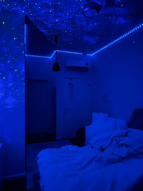 Blue Light Bedroom Aesthetic, Boy Led Lights Bedroom, Dark Led Bedroom, Led Lights Loft Bedroom Aesthetic, Led Lights Bedroom Blue, Blue Led Bedroom, Blue Led Lights Bedroom, Blue Led Lights Aesthetic, Blue Led Room