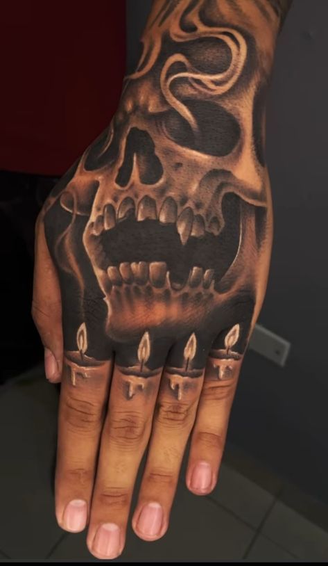 Stencil Hand Tattoo, Dove Hand Tattoo Men, Mens Stomach Tattoo Ideas Design, Fear God Hand Tattoo, Hand Tattoos For Guys Drawings, Hand Tattoos Man, Candle Hand Tattoo, Cloud Hand Tattoo, Skull On Hand Tattoo