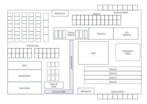 Here is a floor plan designed for warehouse. It displays the arrangement of storage areas, aisles, and workstations within a warehouse. A warehouse Layout is a crucial aspect of warehouse design, as it can impact the efficiency and productivity of warehouse operations. Warehouse Blueprints, Small Warehouse Design Layout, Warehouse Layout Floor Plans, Small Warehouse Design, Warehouse Floor Plan, Warehouse Layout, Store Warehouse, Small Warehouse, Warehouse Design